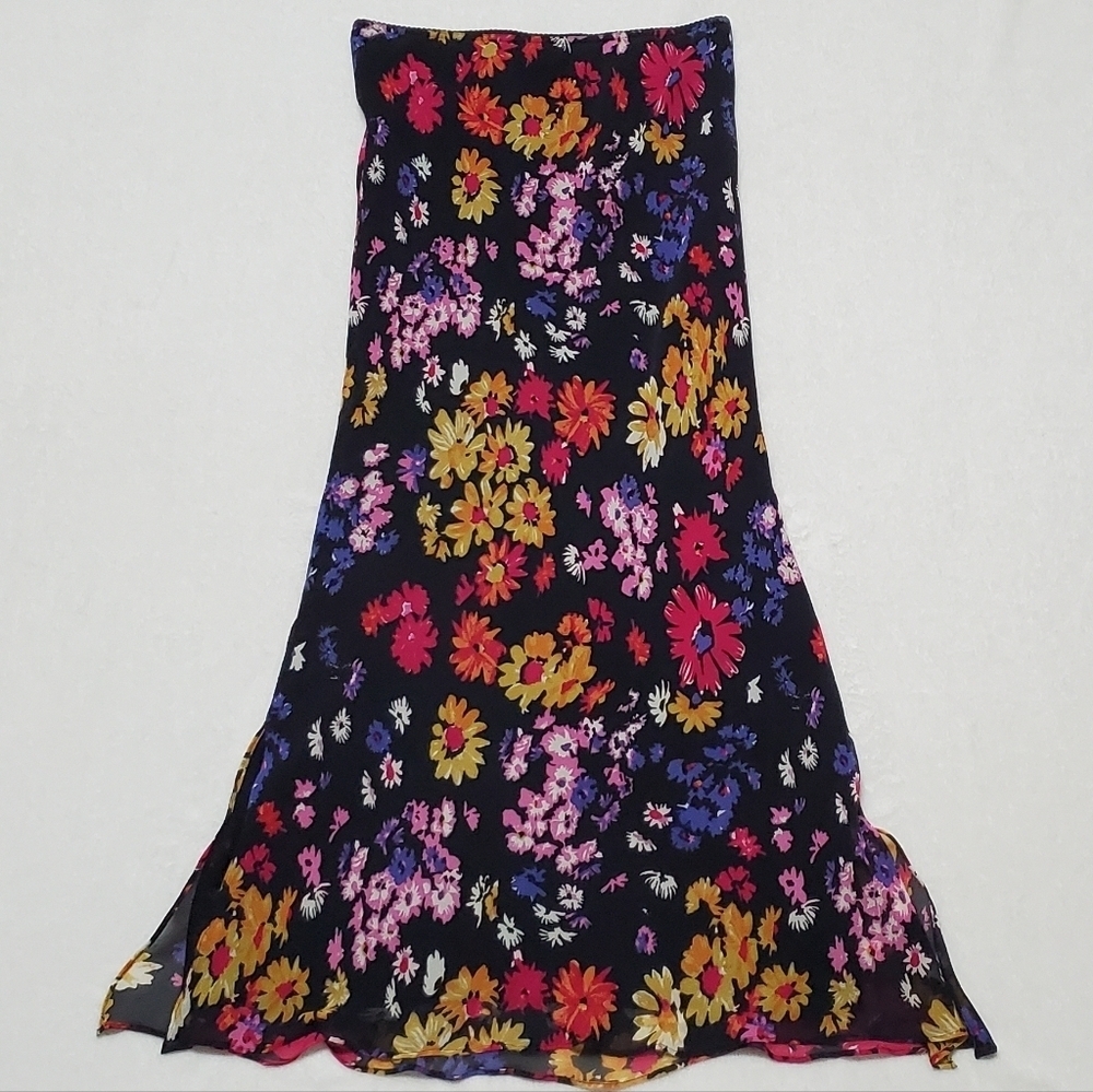 90s-Y2K Vintage Retro Express Silk Chiffon Black Multi-color Floral Midi Skirt S - Picture 4 of 13